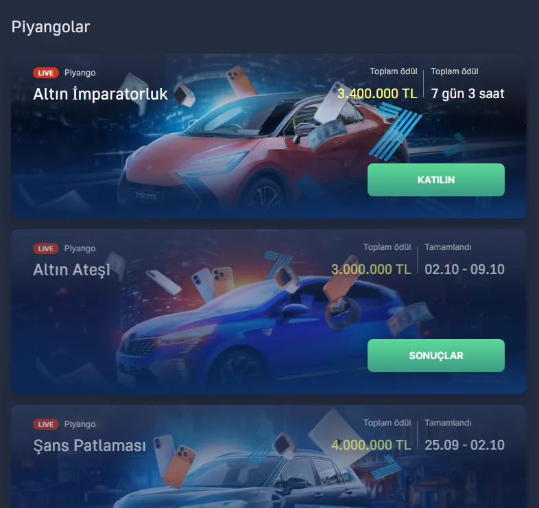 7Slots piyango sayfası, Altın İmparatorluk, Altın Ateşi ve Şans Patlaması çekilişleri
