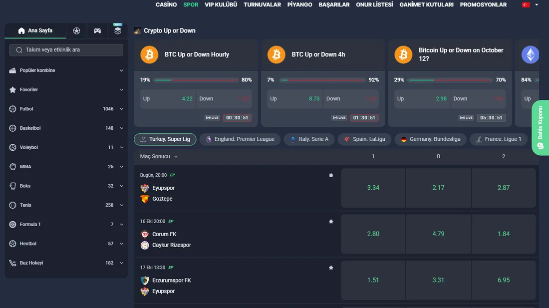 7Slots spor bahis sayfası, spor dalları listesi, Crypto Up or Down kartları ve Süper Lig maç oranları
